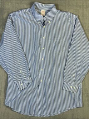 Brooks Brothers 346 Shirt Mens L Blue Stripe Non Iron Cotton Button Down Preppy